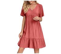 AMhomely Summer Dresses for Women UK Smock-Short Sleeve Sundress Plus Size,V Neck,Patchwork Tiered Casual A-line Dresses,Plain Ruffle Cover Ups Dress,Office Work Travel B Watermelon Red XL