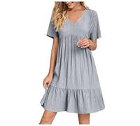 AMhomely Summer Dresses for Women UK Smock-Short Sleeve Sundress Plus Size,V Neck,Patchwork Tiered Casual A-line Dresses,Plain Ruffle Cover Ups Dress,Office Work Travel B Grey XL