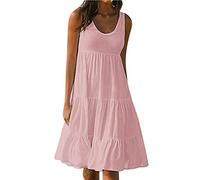 AMhomely Summer Dresses for Women UK Trendy Skater Dress Casual Loose Shift Dresses Ladies Sleeveless U Neck Knee Length Tank Dress Beach Tunic Dress Swing Mini Sundresses Clearance, 01 Pink, 3XL