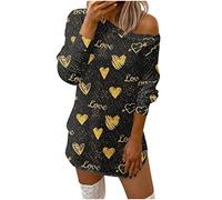 AMhomely Summer Dresses UK Clearance Women Loose Comfy Heart Print Pullover O Neck Long Sleeve Off Shoulder Mini Jumper Dress Ladies Floral Boho Beach Dresses Loose Midi Maxi Sale, 02 Black, XXL