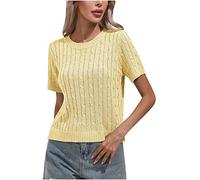 AMhomely Summer Jumpers for Women UK Lace Short Sleeve Blouse Solid Cable Knitted Pullover Tops Solid Loose Knitted Tunic Tops Plain Elegant Sweater Beach Smocked Shirts Baggy Tees Blouse Yellow XL