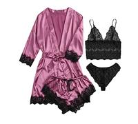 AMhomely Summer Lingerie Women 4 Piece Pyjama Sets Lace Satin Wireless Bra Camisole Briefs Shorts Pajamas Robe Set Nightwear Ladies Nightwear Sleepwear Pyjamas