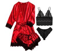 AMhomely Summer Lingerie Women 4 Piece Pyjama Sets Lace Satin Wireless Bra Camisole Briefs Shorts Pajamas Robe Set Nightwear Ladies Nightwear Sleepwear Pyjamas