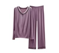 AMhomely Summer Lounge Wear Sets For Women Uk Cotton Modal Long Sleeve Pyjamas V Beck Casual Outfits Solid Basic Pjs Sportswear Tracksuit Loose Fit Lightweight Comfortable Sleepwear Suits Purple L
