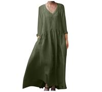 AMhomely Summer Maxi Dresses for Women UK Plus Size Italian Linen Dresses Solid Tunic Pleated Long Sleeve Casual Elegant Baggy Pullover with Pocket Party Army Green 5XL