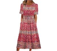 AMhomely Summer Midi Dresses for Women UK Summer Casual Round Neck Short Sleeve Zipper Folding Floral Printed Dresses Going Out Outfits Sale Ladies Beach Dresses Clearance