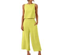AMhomely Summer Outfits For Women UK 2 Piece Lounge Suits Sleeveless Cotton Linen Sets Crewneck Cropped Vest Tops With Wide Legs Trousers Sets Cropped Casual Plus Size Ladies Outfits Yellow XXL