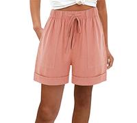 AMhomely Summer Plus Size Women's Cotton Linen Shorts - High Waist, Wide Legs, Elastic Drawstring, Pockets - Ladies Beach Tracksuit Bottoms Pink XL