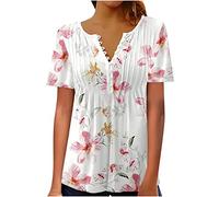 AMhomely Summer T Shirts for Women UK Sale Ruched Front Blouse Plus Size Tees Shirts Pleated Casual Pullover Tops Blouse Vintage Floral Print Tees Shirts Pleated Henley Shirts Going Out Pink XL