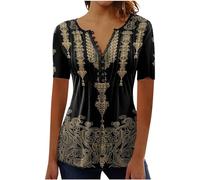 AMhomely Summer T Shirts for Women UK Sale Ruched Front Blouse Plus Size Tees Shirts Pleated Casual Pullover Tops Blouse Vintage Floral Print Tees Shirts Pleated Henley Shirts Going Out Brown 3XL