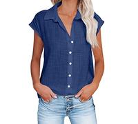 AMhomely Summer Tops for Women UK Elegant Blouse Lapel Cotton Linen Shirts Button Up Cap Sleeve Tunic Tops Solid Casual Dressy Tops V Neck Party Blouse Tee Shirts Going Out Work Office Navy XL
