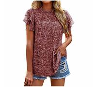 AMhomely Summer Tops for Women UK Elegant Chiffon Blouse Puff Sleeve Ruched Collared Floral Tunic Tops Tiered Patchwork Tee Shirts Front Pleated Blouse Dressy Tops Going Out Holiday Party Red M