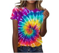 AMhomely Summer Tops for Women UK Ladies Tie Dye Tops Plus Size Rainbow Gradient Tunic Blouse Crewneck Casual Pullover Shirts Loose Sports Tee Shirts Active Athletic Blouse Blue S