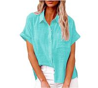 AMhomely Summer Tops Plus Size Casual Blouse Office Work Button Down Shirts Cotton Linen Loose Blouse Short Sleeve Oversized Tee Tops Plain Lapel Longline Tops Ladies Elegant Tunic Tops Light Blue XL