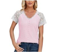AMhomely Summer Tops Womens Lace Sleeve Blouse Lace Trim V Neck Tunic Tops Solid Casual Summer Shirts Eyelet Tops Lace Patchwork Blouse Going Out Tops Plain Lace Neckline Shirts Holiday Pink XXL