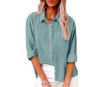 AMhomely Summer Tops Women's Shirts Long Sleeve Button Down Blouses Cotton Linen Oversized Pullover Tees Blouses Lapel Loose Classic Tunic Tops Casual Smart Tshirts Going Out 04 Sky Blue XXL