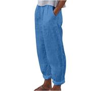 AMhomely Summer Trousers for Women Cotton Linen Pants with Pocket Elastic Waist Harem Trousers Plain Straight Wide Legs Trousers Casual Joggers Comfy Breathable Lounge Pants Palazzo Trousers, 02 Blue