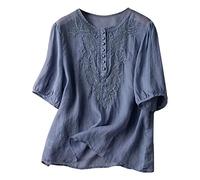 AMhomely Summer Womens Cotton Linen Loose Blouse Top Plus Size Embroidery Floral Work Office Casual Tshirts V Neck Short Sleeve Crop Tops Loose Fit Trendy Ladies Beach Blouse Blue M