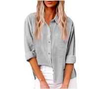 AMhomely Summer Womens Cotton Linen Plus Size Blouses for Women UK Long Sleeve Oversized Shirts Business Casual Dressy Tops Elegant Loose Tees Shirts Button Down Pullover Tops Solid Blouse Gray M