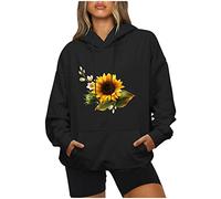 AMhomely Sunflower Sweatshirt Women Long Sleeve Hoodies Oversized Floral Print Hooded Pullover Tops With Pocket Loose Fit Casual Hooded Tee Shirts Comfy Hoody Jumpers Sportswear UK Black M