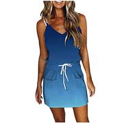 AMhomely Sunmmer Dresses Womens Striped Print Skater Dress Spaghetti Strap Drawstring Waist T Shirt Mini Dress Casual Boho Beach Sundress 05 Blue XXL