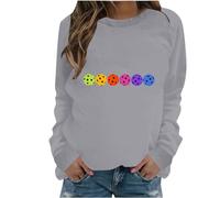 AMhomely Sweatshirts For Women Uk Ladies Printed T Shirts Pickleball Tshirt Funny Rainbow Ball Print Pullover Tops Blouse Loose Fit Casual Tee Shirts Vintage Graphic Sports Tops Grey XXL