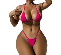 AMhomely Swim Suits for Women UK 2 Piece Womens Sexy Thong Bikini Sets Push Up Bathing Suit Split Monikini Beach Suit Sexy Lace Up Bikini Backless Triangle Bikini Set Steel Top Suit Hot Pink XL