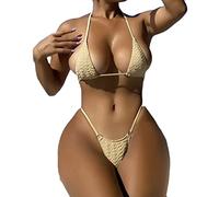 AMhomely Swim Suits for Women UK 2 Piece Womens Sexy Thong Bikini Sets Push Up Bathing Suit Split Monikini Beach Suit Sexy Lace Up Bikini Backless Triangle Bikini Set Steel Top Suit Beige M
