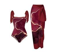 AMhomely Swimsuit and Matching Sarong Set 2 Piece Swimwear Women Tummy Control Bikini with Cover Up Vintage Kimono Swimwear Modest Bathing Suit Tropical Floral Swim Set Kimono Beachwear Red S