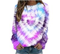 AMhomely T Shirts for Women UK Printed Long Sleeve Womens Tops Tie-dye Heart Print Casual Pullover Tops Blouse Rainbow Love Graphic Crewneck Sweatshirts Oversized Casual Blouse Multicolor L