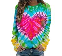AMhomely T Shirts for Women UK Printed Long Sleeve Womens Tops Tie-dye Heart Print Casual Pullover Tops Blouse Rainbow Love Graphic Crewneck Sweatshirts Oversized Casual Blouse Multicolor XXL