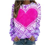 AMhomely T Shirts for Women UK Printed Long Sleeve Womens Tops Tie-dye Heart Print Casual Pullover Tops Blouse Rainbow Love Graphic Crewneck Sweatshirts Oversized Casual Blouse Multicolor L