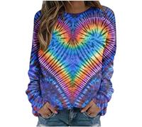 AMhomely T Shirts for Women UK Printed Long Sleeve Womens Tops Tie-dye Heart Print Casual Pullover Tops Blouse Rainbow Love Graphic Crewneck Sweatshirts Oversized Casual Blouse Multicolor L