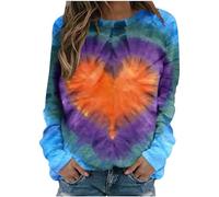 AMhomely T Shirts for Women UK Printed Long Sleeve Womens Tops Tie-dye Heart Print Casual Pullover Tops Blouse Rainbow Love Graphic Crewneck Sweatshirts Oversized Casual Blouse Multicolor M
