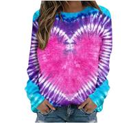 AMhomely T Shirts for Women UK Printed Long Sleeve Womens Tops Tie-dye Heart Print Casual Pullover Tops Blouse Rainbow Love Graphic Crewneck Sweatshirts Oversized Casual Blouse Multicolor XL