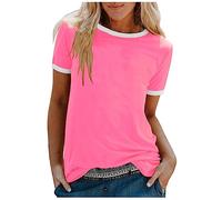 AMhomely T Shirts for Women UK Short Sleeve Casual Shirts Plus Size Summer T Contrast Trim Pullover Tops Blouse Crewneck Casual Tunic Tops Loose Basic Tees Office Work Pink XL