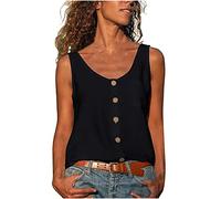 AMhomely Tank Tops Women Ladies Button Up Blouse Scoop Neck Casusal Pullover Tops Blouse Plain Basic Tees Shirts Loose Beach Camisole Blouse Sleeveless Basic Yoga Vest Tops Gym Blouse Black L