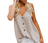 AMhomely Tank Tops Women Ladies Sleeveless Blouses Button Front Spaghetti Straps Vest T Shirts Solid Loose Camisole Shirts V Neck Casual Pullover Tops Tees Shirts Baggy Gym Workout Vest Khaki L