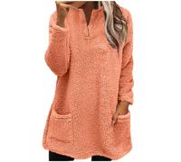 AMhomely Teddy Fleece Blouse For Women Long Sleeve Keyhole Neck Fluffy Tunic Tops Solid Casual Tee Shirts Casual Warm Pullover Tops Shirts With Pocket Loose Fit Tee Plus Size Loungewear Orange 3XL