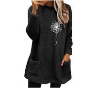 AMhomely Teddy Fleece Sweatshirt Women Plus Size Double Fleece Tunic Tops Blouse With Pocket Dandelion Graphic Tee Shirts Plain Casual T Shirts With Pocket Loose Oversized Pullover Tops Black 3XL