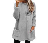 AMhomely Teddy Fleece Sweatshirt Women Plus Size Double Fleece Tunic Tops Blouse With Pocket Dandelion Graphic Tee Shirts Plain Casual T Shirts With Pocket Loose Oversized Pullover Tops Grey XL