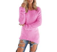 AMhomely Teddy Fleece Tops For Women UK Ladies Long Sleeve Tunic Tops Crewneck Casual Fluffy Fleece Tee Shirts Winter Solid Warm Jumpers Round Neck Basic Fuzzy Tee Hot Pink XXL