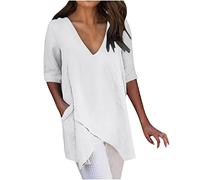 AMhomely Top for Women UK Elegant Plus Size Tops with Pockets Cotton Linen Blouse Longline Tunic Shirts Lagenlook Tops V Neck Casual Tee Shirts Loose Fit Casual Pullover Tops Beach Blouse White XL
