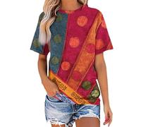 AMhomely Tops for Women UK Clearance Plus Size Summer Ethnic Print Shirt Boho Casual T Shirts Short Sleeve Tunic Tops Crewneck Printed Classic Pullover Blouse Holiday Party Tees Tops Red XXL