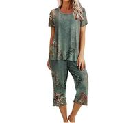AMhomely Tops Women's Printing Round Neck Short Sleeve Sleepshirt and Pants Sets Loungewear Pajamas with Pockets Lightweight Breathable Sportswear Activewear Undershirts A 154, A08 Army Green, XL