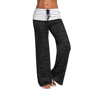 AMhomely Trousers for Women Solid Drawstring Tartan Italian Ribbed Waistband Trousers Full Length Straight Wide Legs Pants Ladies Causal Summer Jogger Gym Running Sweatpants Black L