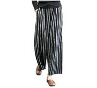 AMhomely Trousers for Women UK Straight Wide Legs Pants Cotton Linen Casual Trousers Plus Size Drawstring Pants Stripe Print Long Baggy Palazzo Ladies Culottes Black 5XL