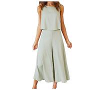 AMhomely Trousers Sets For Women Casual Outfits Cotton Linen 2 Piece Full Sets Going Out Wide Legs Pants With Vest Pants Solid Color Elegant Party Outfits Crewneck Sleeveless Loungesuit Grey M
