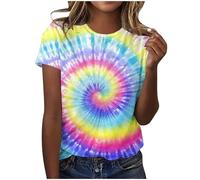 AMhomely Tshirts Women UK Ladies Tie Dye Tops Plus Size Short Sleeve Tops Rainbow Gradient Casual Pullover Blouse Crewneck Loose Fit Tees Shirts Funny Graphic Tee Shirts Active Blouse Yellow M