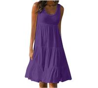 AMhomely Tunic Dresses for Women UK Plus Size Summer Dress Sleeveless Loose Pleated Dress Beach Wear Casual Ruffle Pullover Solid Crewneck T Shirts Boho Camisole Sundress